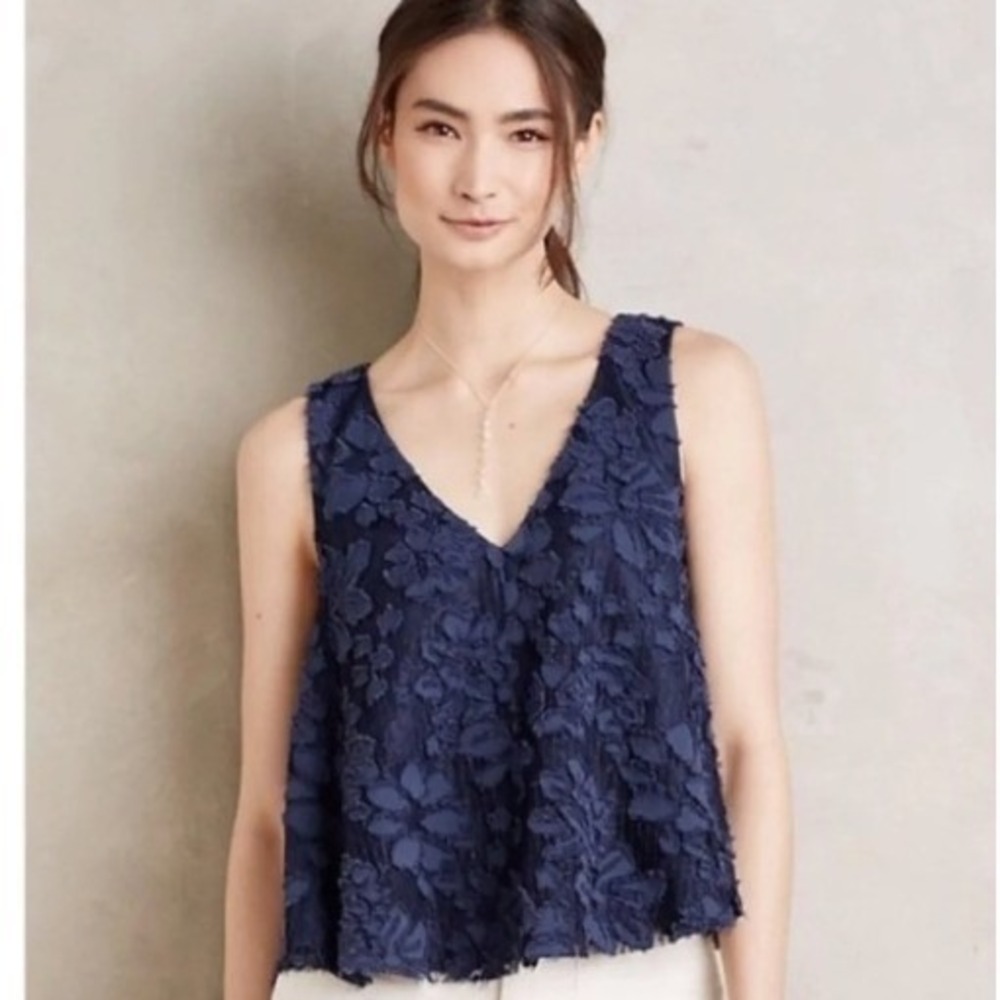 Anthropologie Maeve Kenia Floral Applique Lace Tank Top Navy Blue Women's Size S